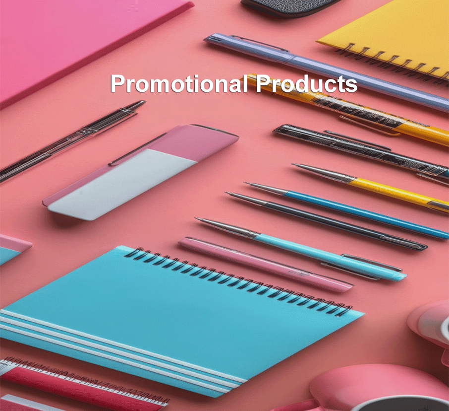 Promotional products: pens, notebooks and mugs